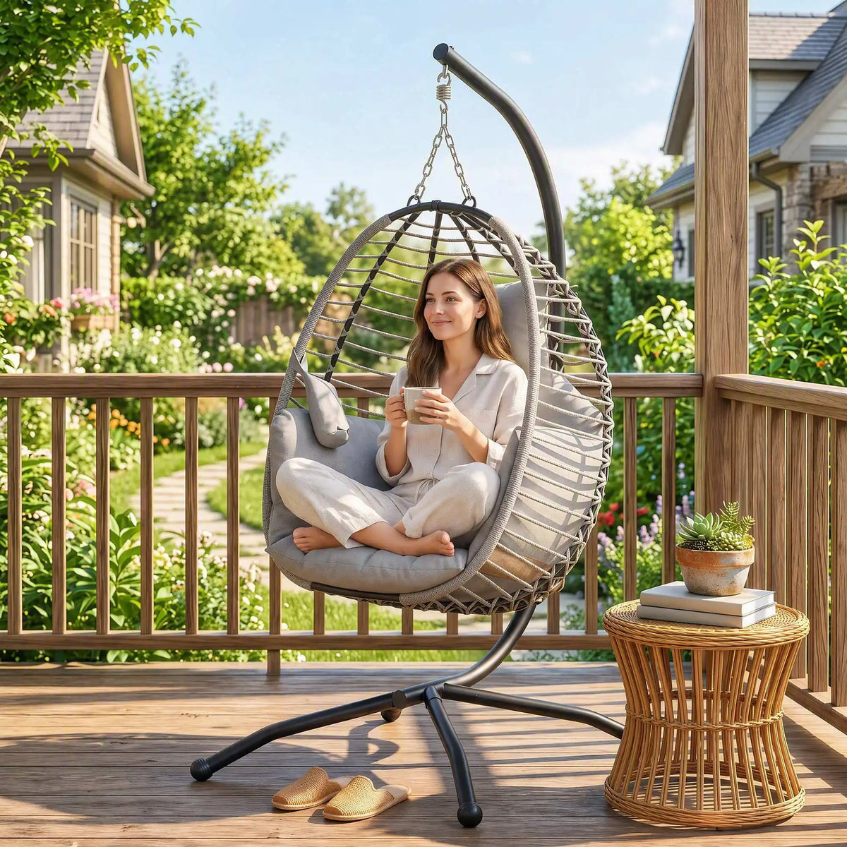 Hanging Swing Chair with Thick Padded Cushion and Cup Holder