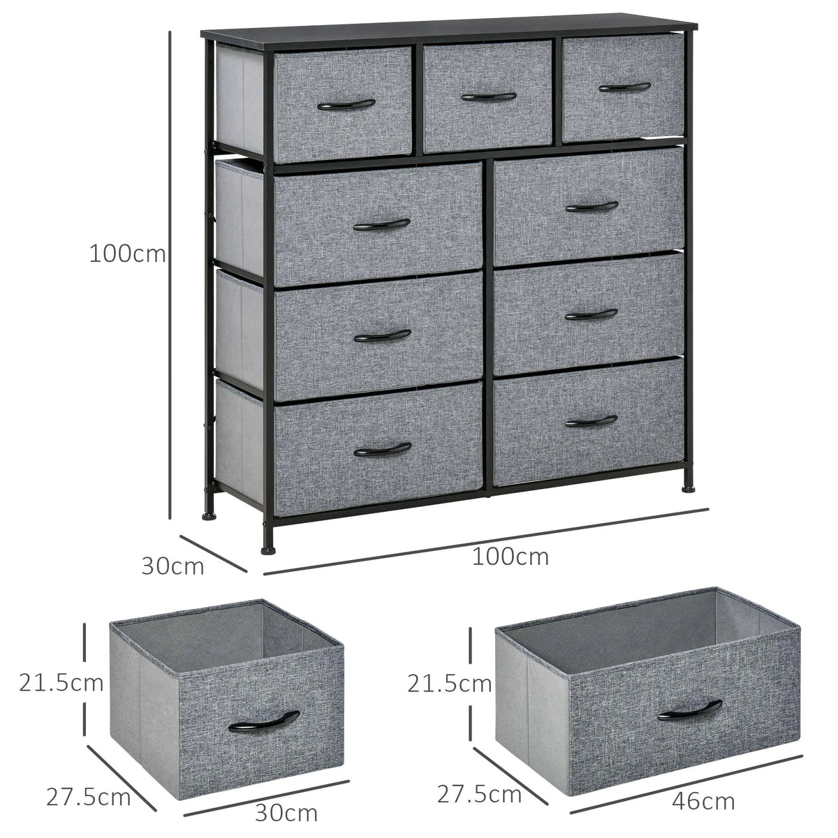 9-Drawer Fabric Chest of Drawers with Steel Frame, Black and Grey