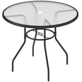 Round Outdoor Dining Table 100cm Tempered Glass Top with Parasol Hole Steel Frame Garden Patio Bistro Table