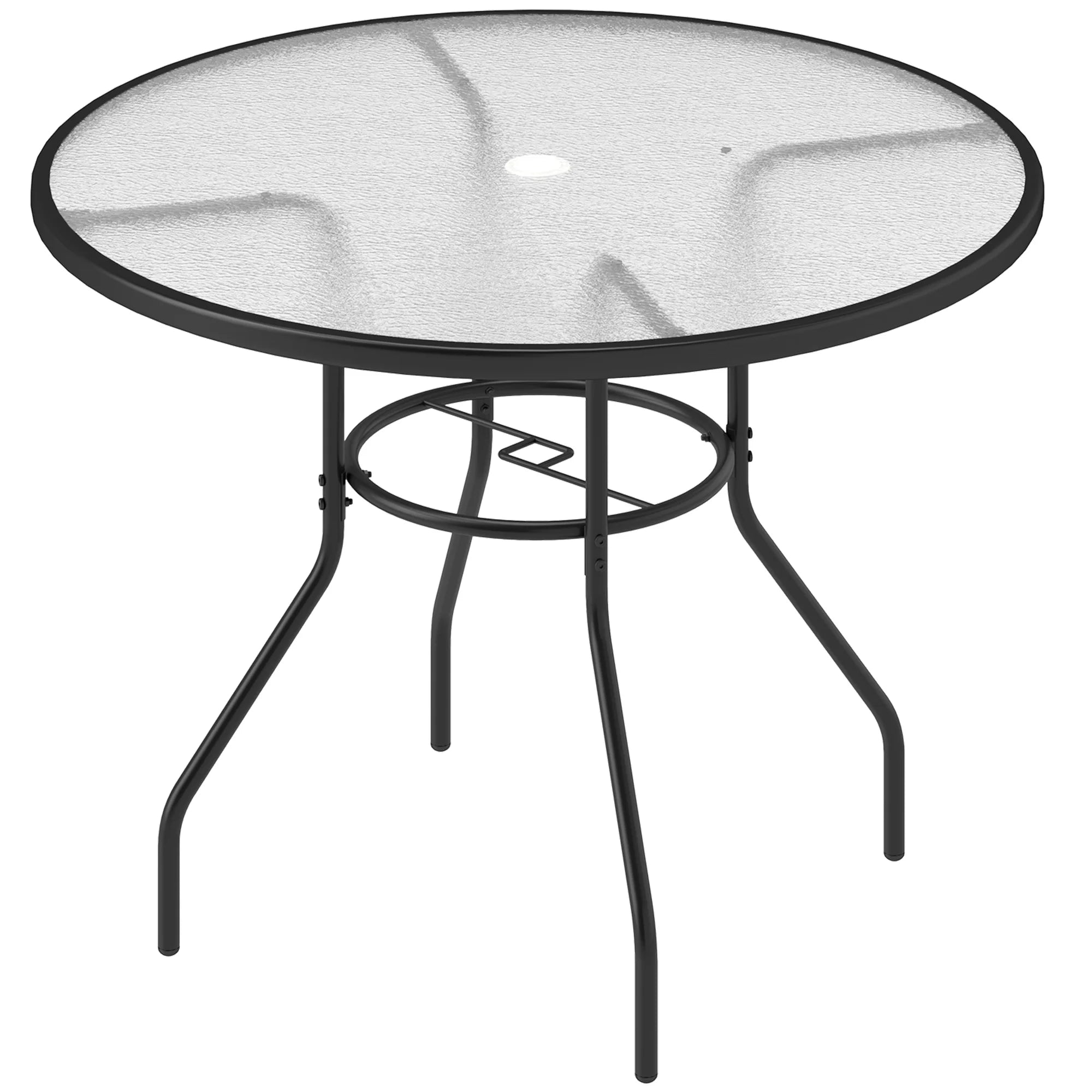 Round Outdoor Dining Table 100cm Tempered Glass Top with Parasol Hole Steel Frame Garden Patio Bistro Table