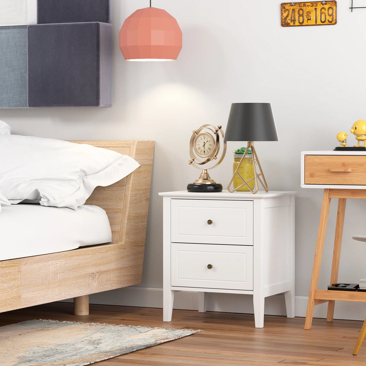 White Bedside Table with 2 Drawers | 50x40x55cm Wooden Nightstand Bedside Cabinet for Bedroom
