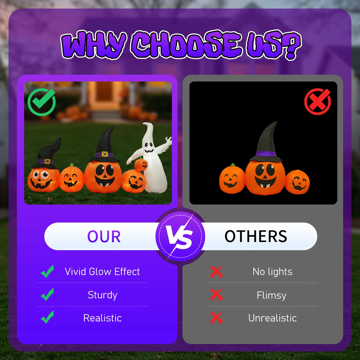 8ft Halloween Inflatable Pumpkins and Ghost with Witch Hats, LED Light-Up Garden Decoration