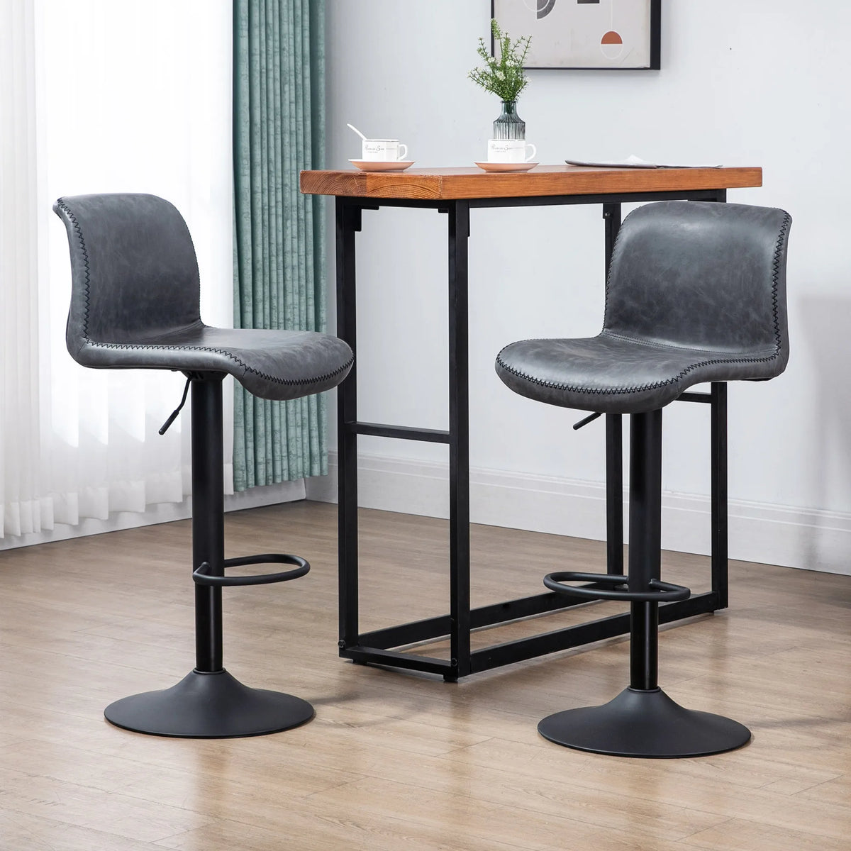 Retro Barstools Set of 2, PU Leather Adjustable Height Swivel Bar Chairs