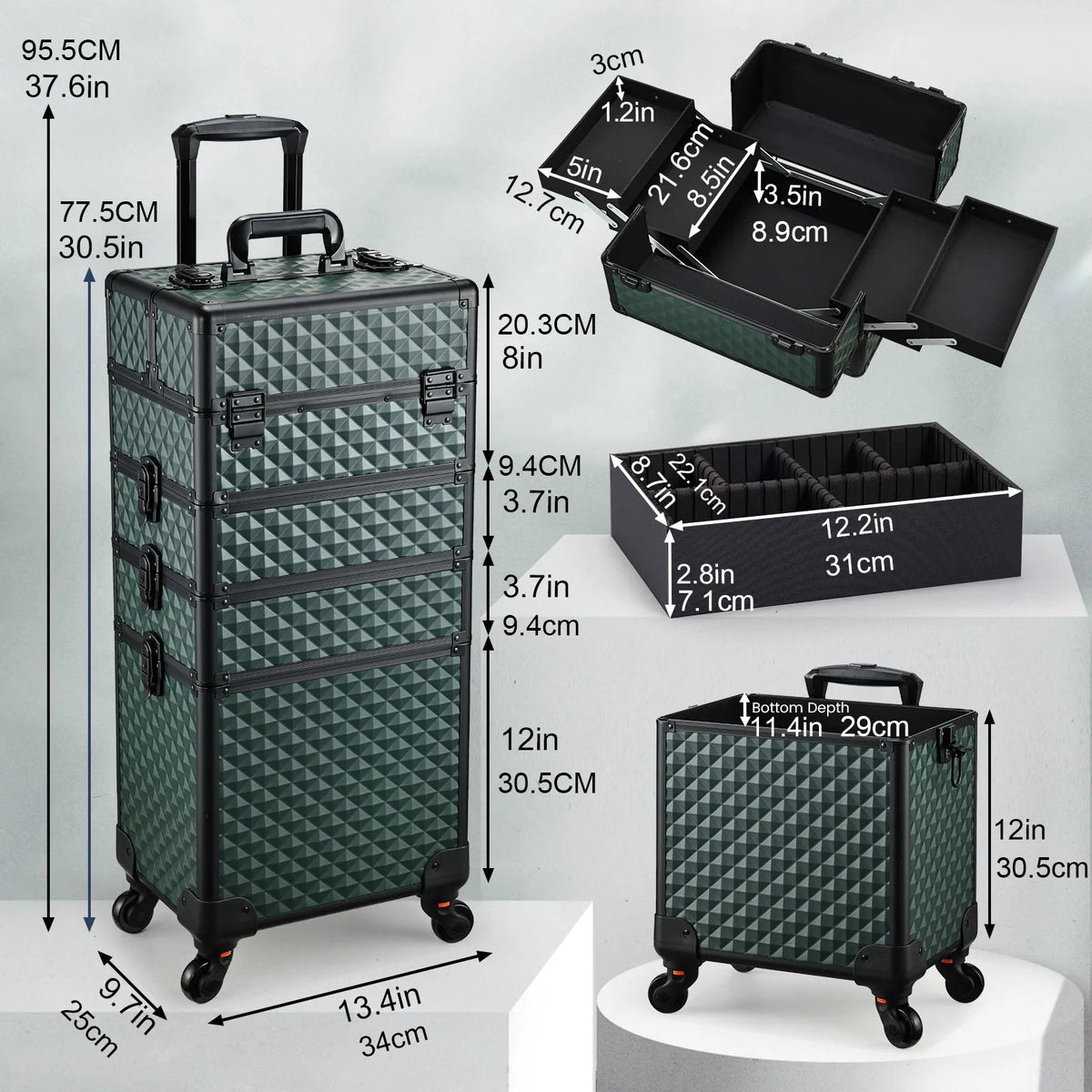 Extra Large 4 in 1 Removable Makeup Trolley Case on Wheels with Key Lock 36-55L PVC for Nails and Barbering