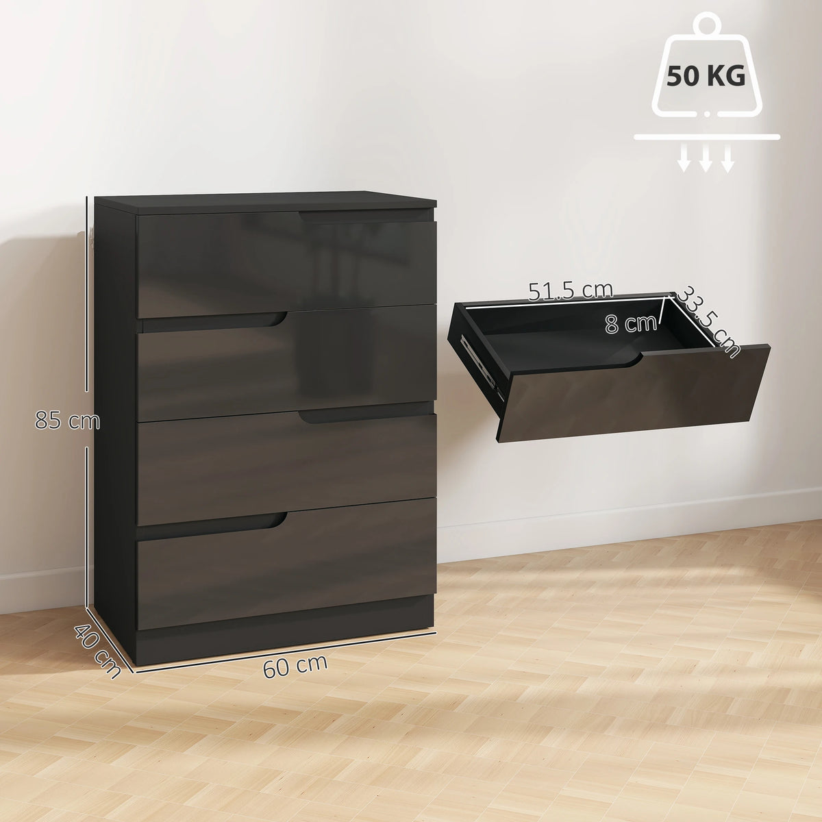 High Gloss 4-Drawer Chest of Drawers, 60 x 40 x 85cm, Black