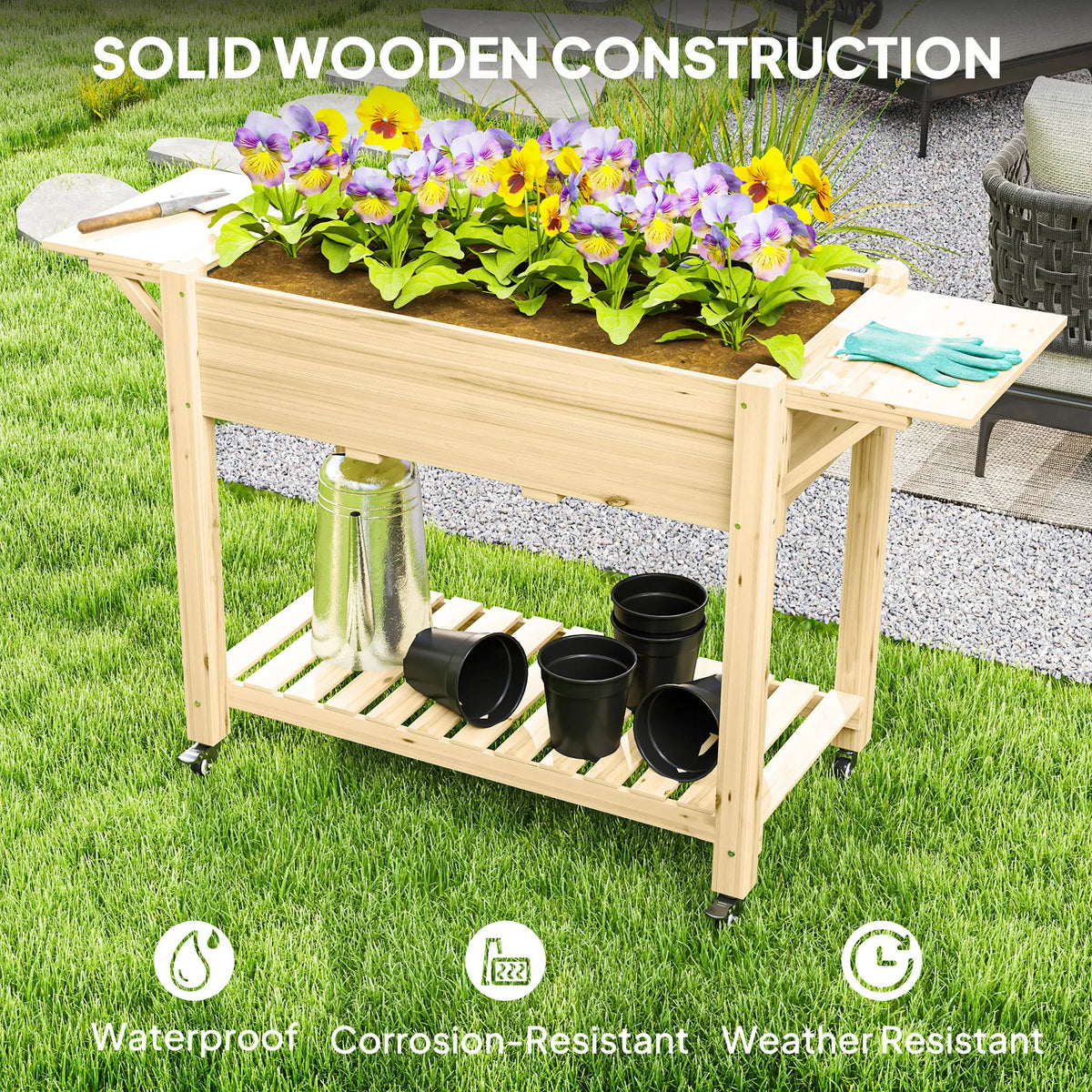 Raised Bed Planter on Wheels with 2 Lift Up Side Tables Fabric Liner 5 Drainage Holes Fir Wood Natural
