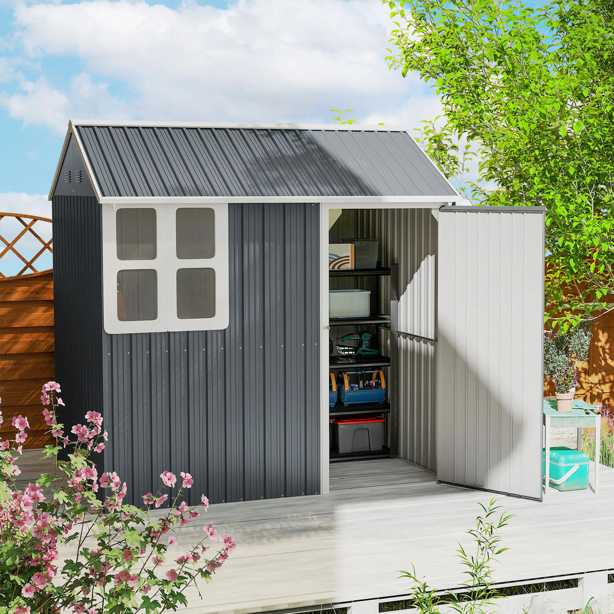 7 x 6 ft Metal Garden Shed, Outdoor Storage Shed with Door, Sloped Roof, Dark Grey