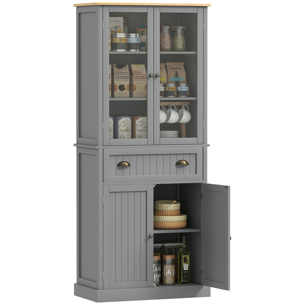 Farmhouse Kitchen Pantry Cupboard with Glass Doors, Drawer and Adjustable Shelves, Grey