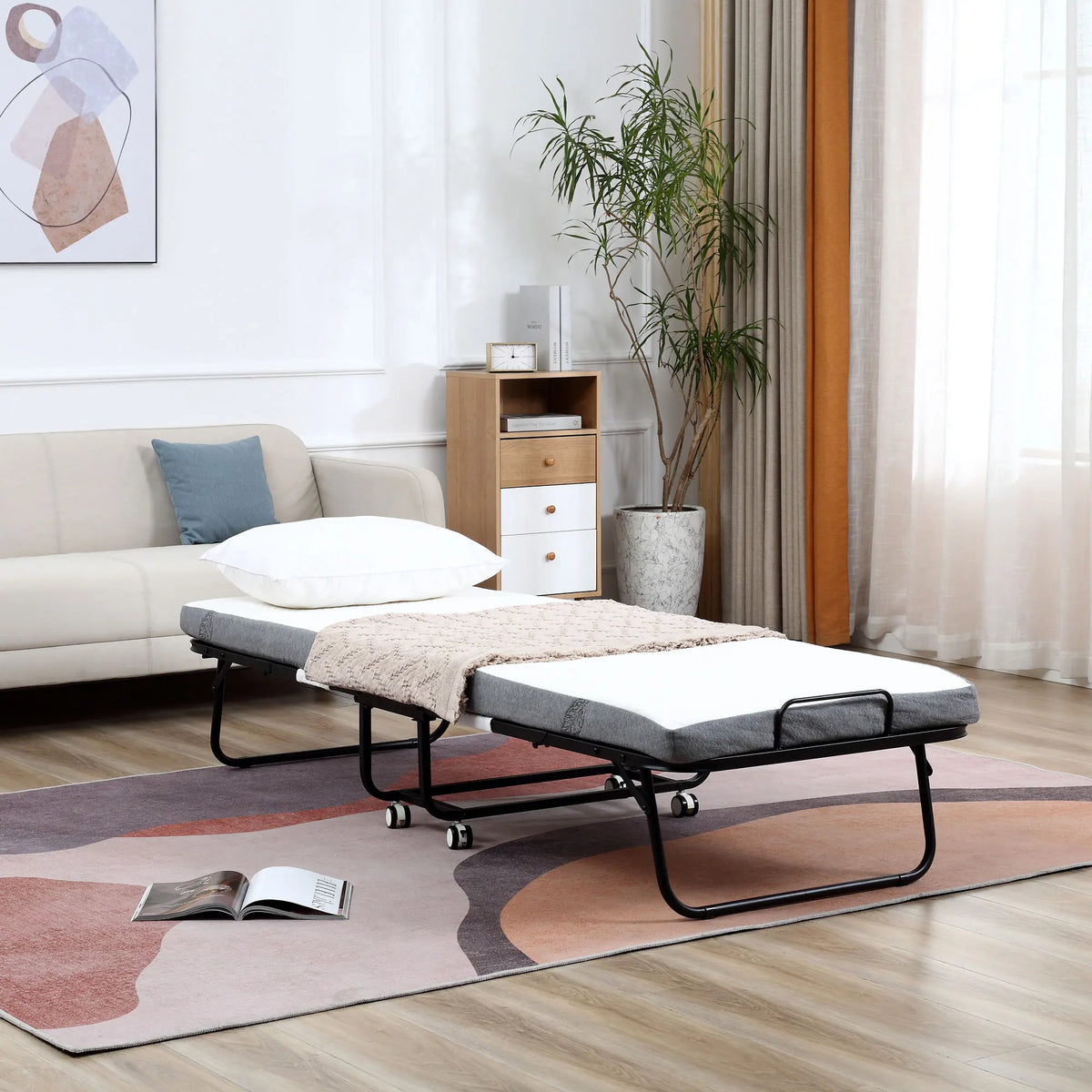 Folding Guest Bed with 10cm Mattress and Lockable Wheels, Single 200 x 80 cm, White