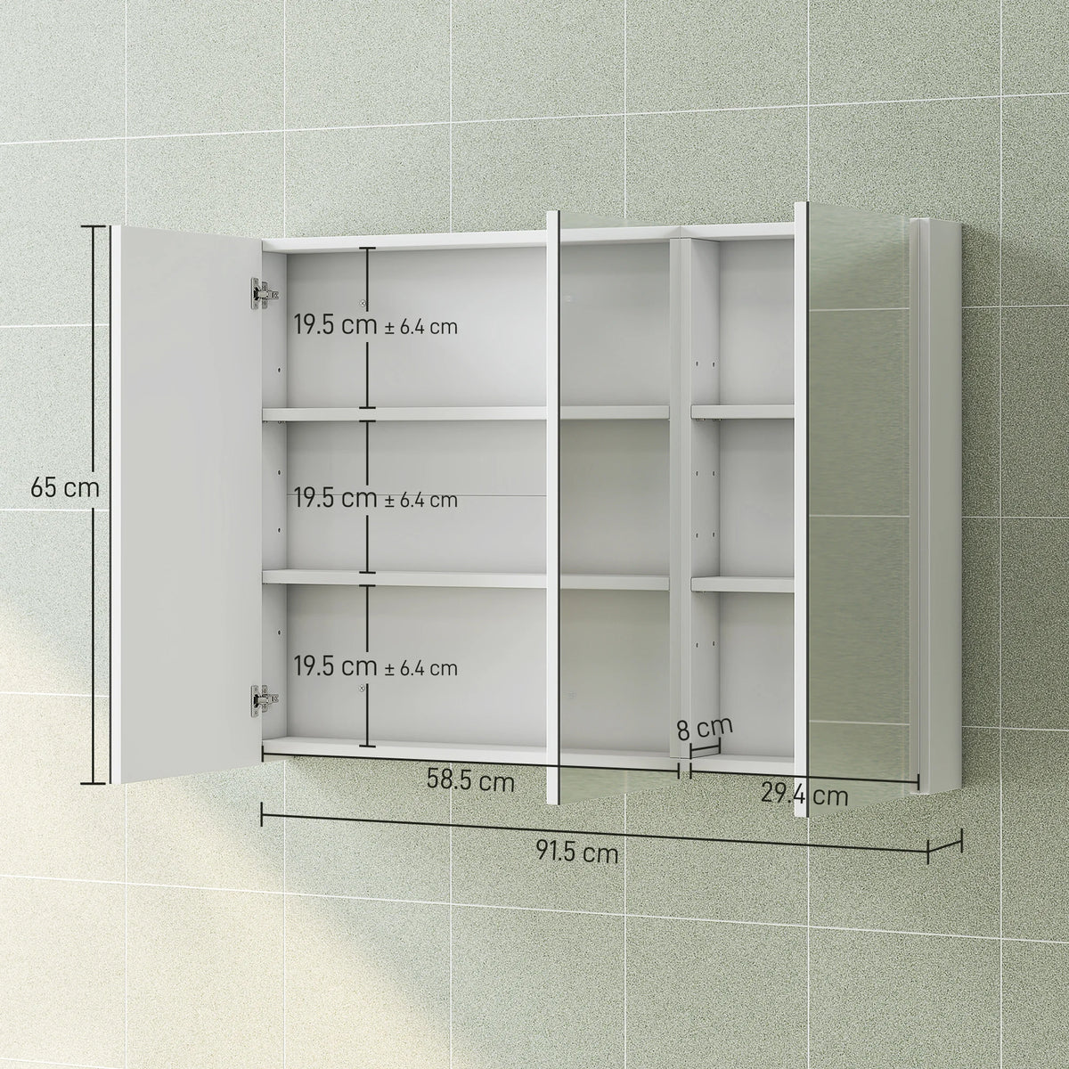 Wall-Mounted Bathroom Mirror Cabinet with 3 Mirrored Doors and Adjustable Shelves, White
