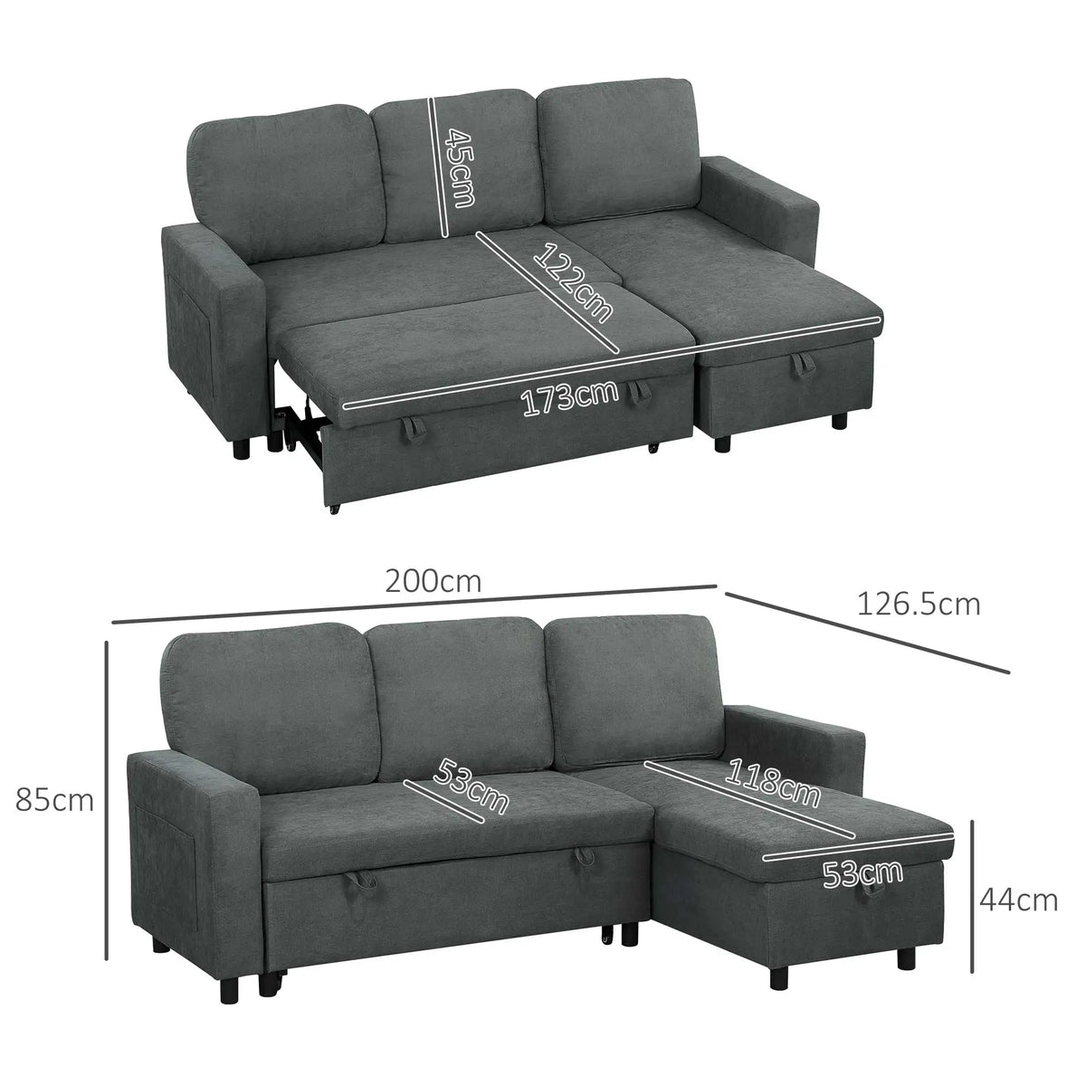 Hidden storage compartment open under the chaise of a sofa bed