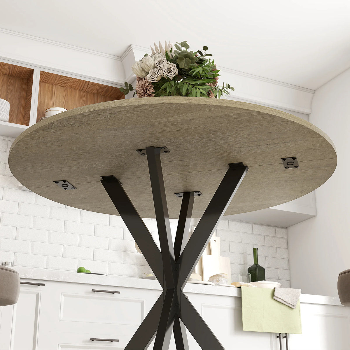 Round Dining Table 80cm Industrial Kitchen Table with Cross Steel Legs White Oak Effect Seats 2-4