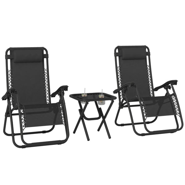 3pcs Folding Zero Gravity Chairs Sun Lounger Table Set w/ Cup Holders Reclining Garden Yard Pool, Black