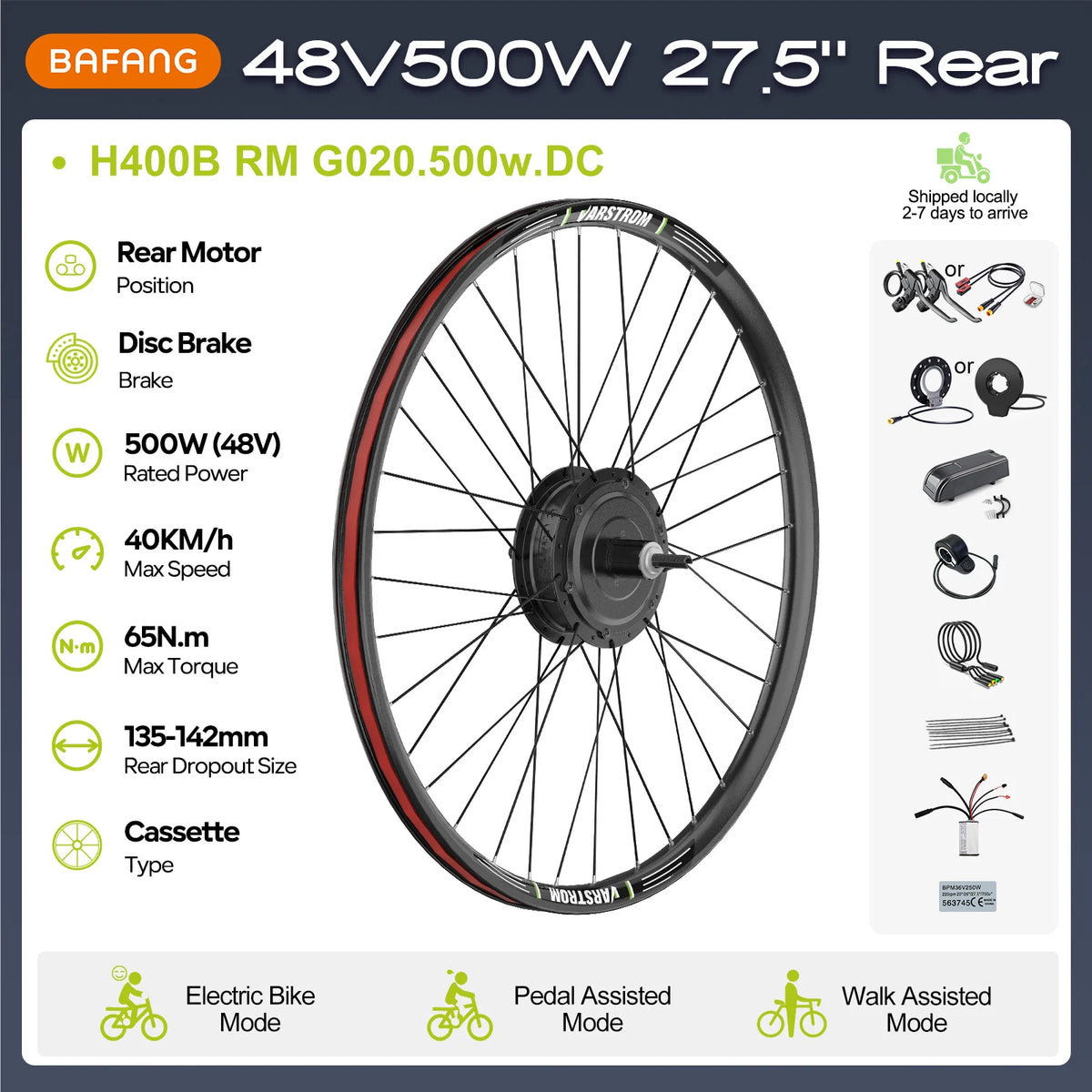 G020 48V 500W Rear Hub Motor E-Bike Conversion Kit for 26", 27.5" and 700C Cassette Disc Brake Wheels