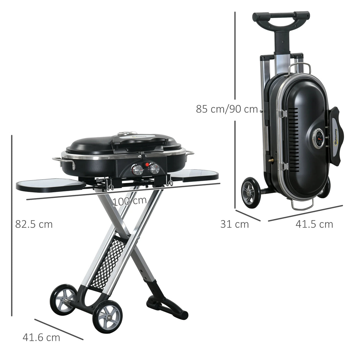 Foldable 2 Burner Gas BBQ Grill Trolley with Side Shelves Mesh Pocket Thermometer and Wheels