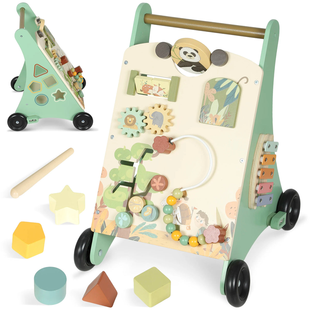 Wooden Baby Walker with Speed Control, Xylophone, Gears and Bead Maze, Green