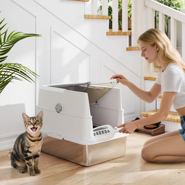 Extra Large Stainless Steel Cat Litter Tray with Scoop, Flip Top