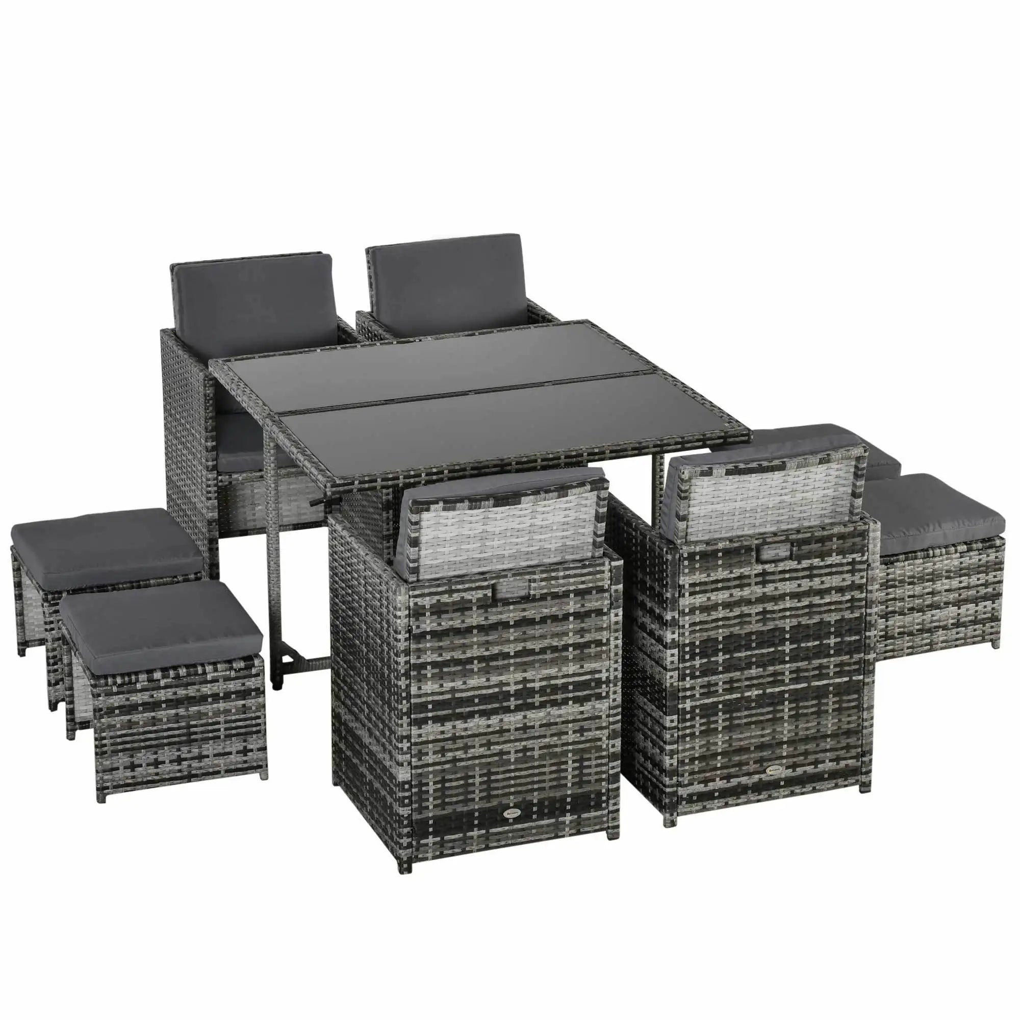 9 Piece Rattan Garden Furniture Set Dining Table 8 Seater 4 Chairs 4 Stools Cushions Mixed Grey Outdoor Patio