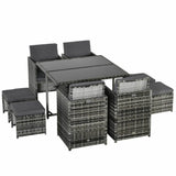 9 Piece Rattan Garden Furniture Set Dining Table 8 Seater 4 Chairs 4 Stools Cushions Mixed Grey Outdoor Patio