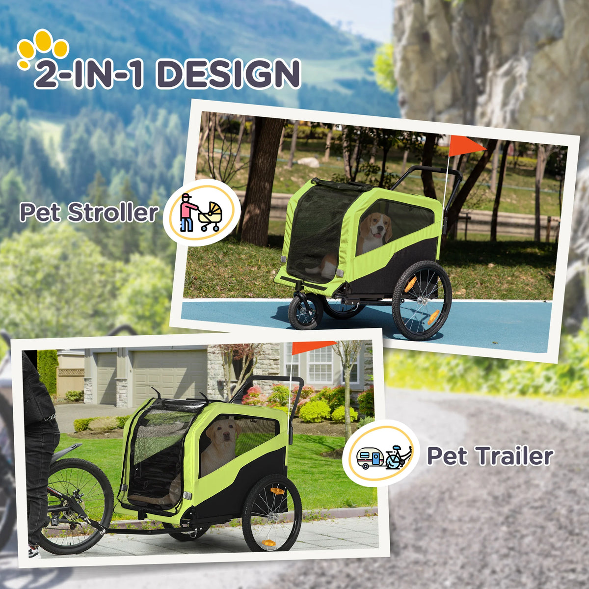 2 in 1 Dog Bike Trailer and Pet Stroller with Hitch Mesh Windows Sunroof and Reflectors for Large Dogs