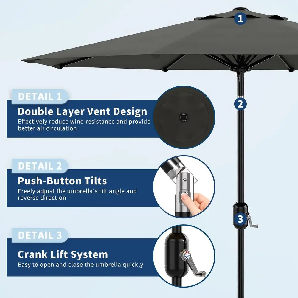 2.7m Garden Parasol with Crank, Tilt and Protective Cover, UPF 50, 8 Ribs, Grey
