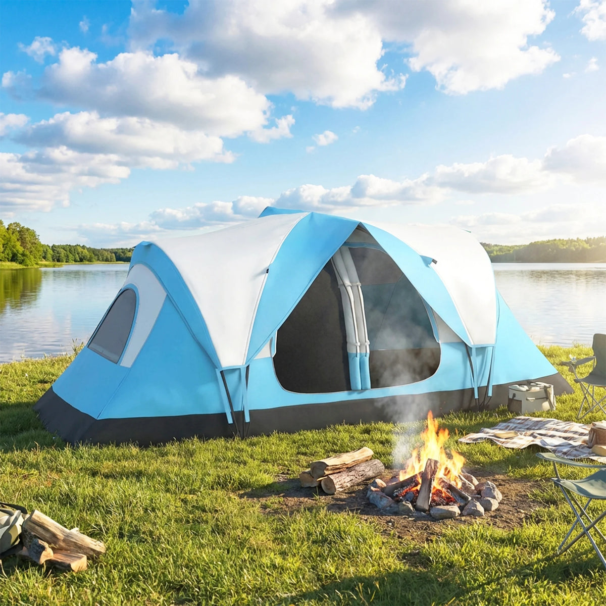 2 Room Tunnel Camping Tent with Removable Divider and 2000mm Rainfly, Sky Blue