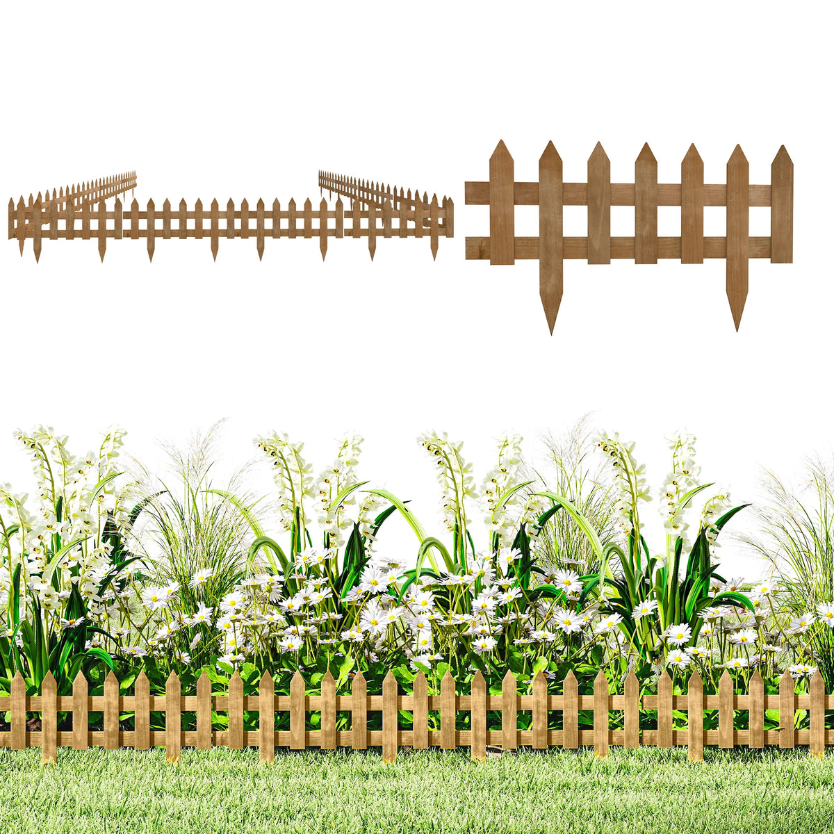 Pack of 12 Wooden Border Fences 60x34cm Fir Wood Garden Picket Edging with Pointed Stakes Brown