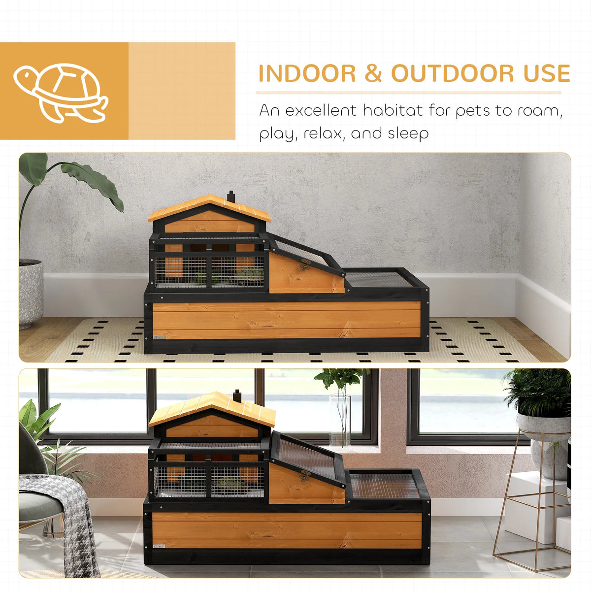 Wooden Tortoise House, Indoor Outdoor with Balcony, Tray, Openable Roof