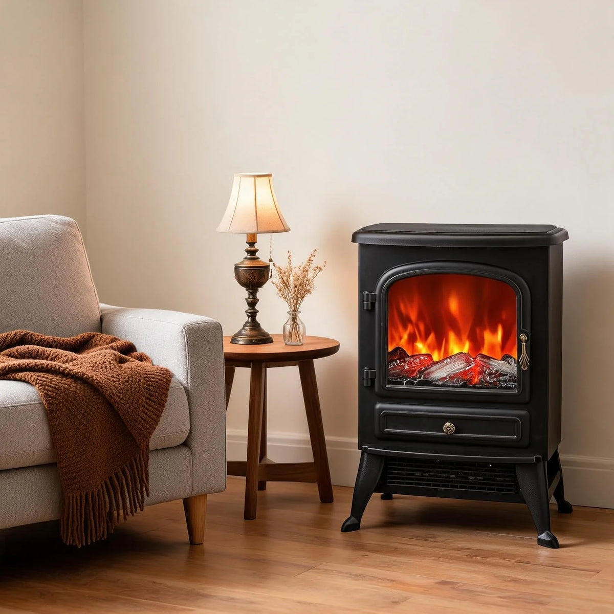 Freestanding Electric Fireplace Stove with Flame Effect, Thermostat and Overheat Protection