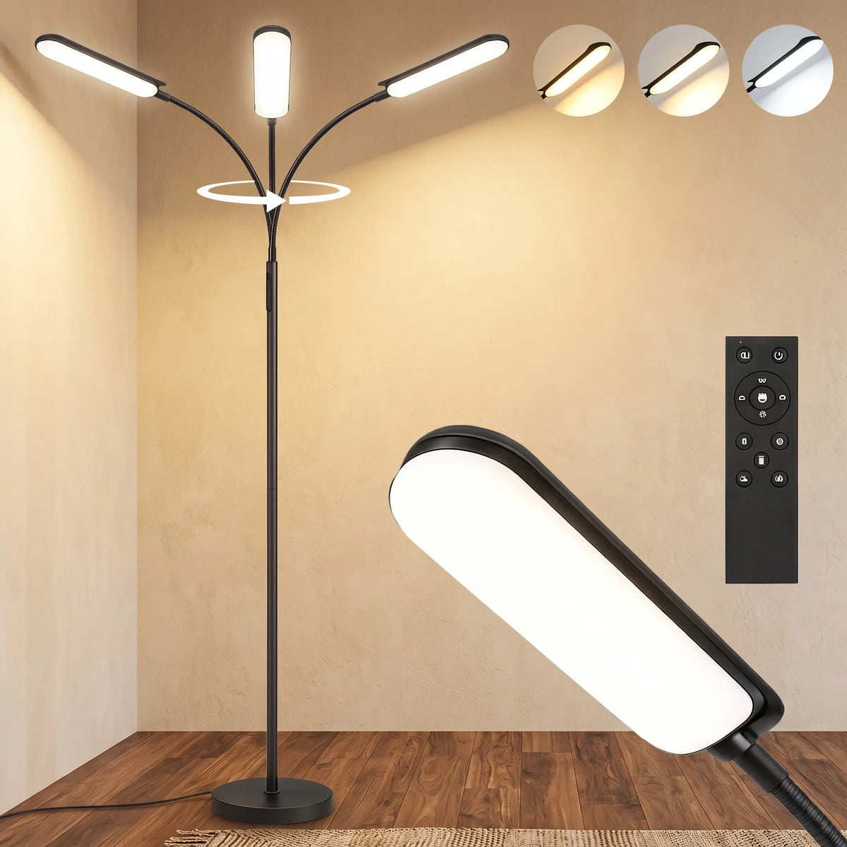 Dimmable LED Reading Floor Lamp with Remote and Gooseneck, Black