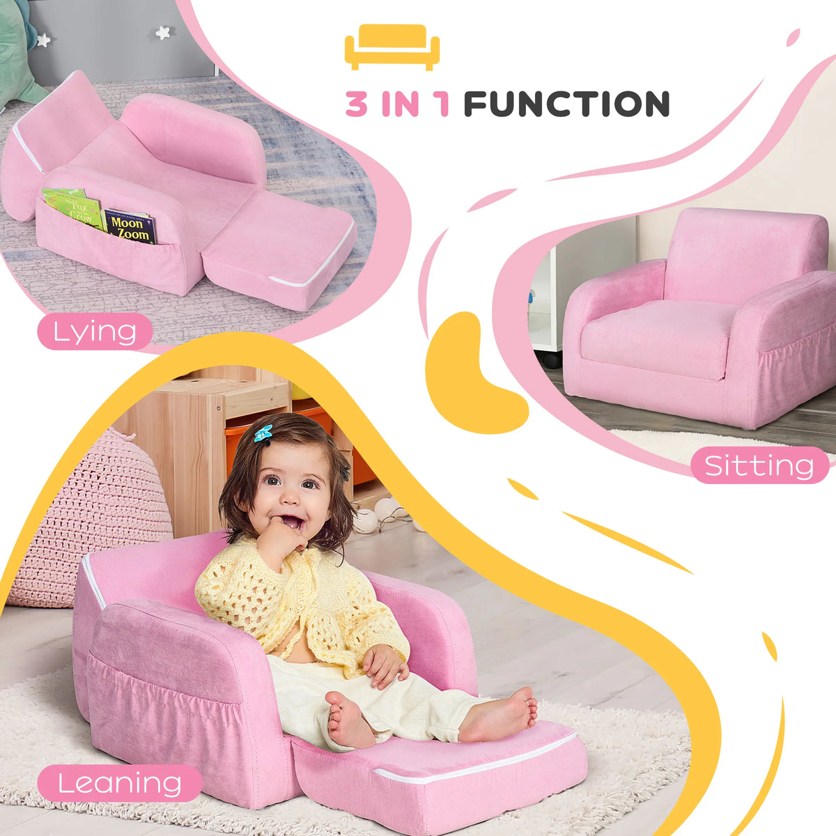 2 in 1 Kids Sofa Bed Folding Toddler Armchair Converts to Bed Soft Flannel with Wood Frame and Sponge