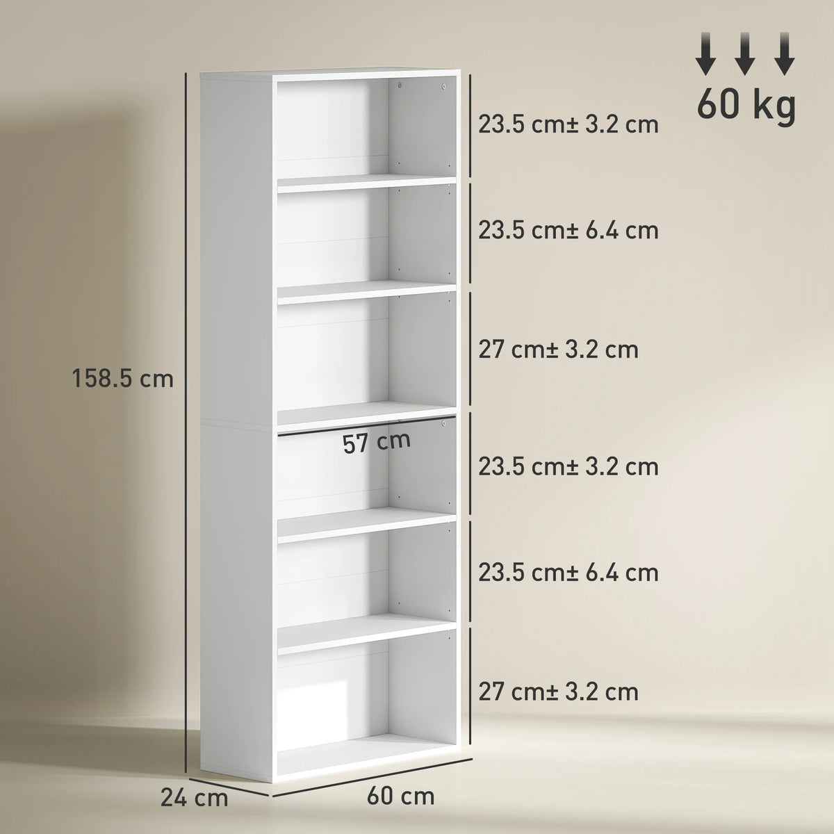 6 Tier Bookshelf, Freestanding Bookcase with Adjustable Shelves, White