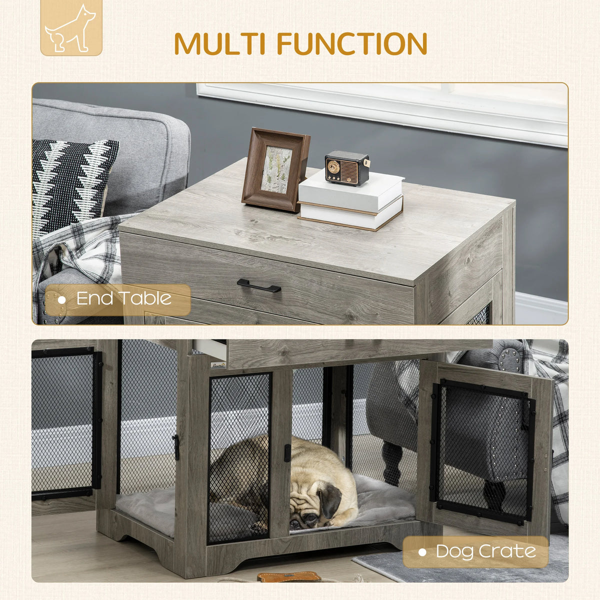 Pet Crate End Table with Double Doors and Drawer for Medium Dogs