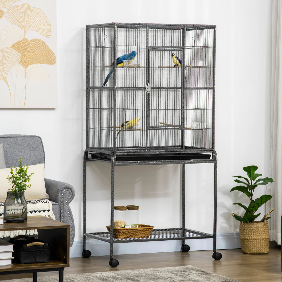 Rolling Bird Cage with Detachable Stand 7 Doors Wooden Perches Food Cups and Pull Out Tray