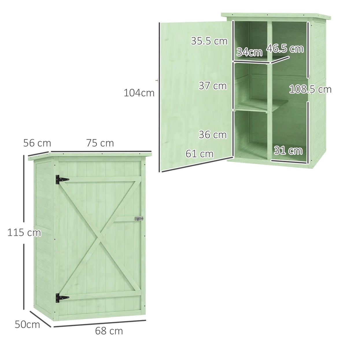 Wooden Garden Tool Shed with Shelves, 75 x 56 x 115cm, Green
