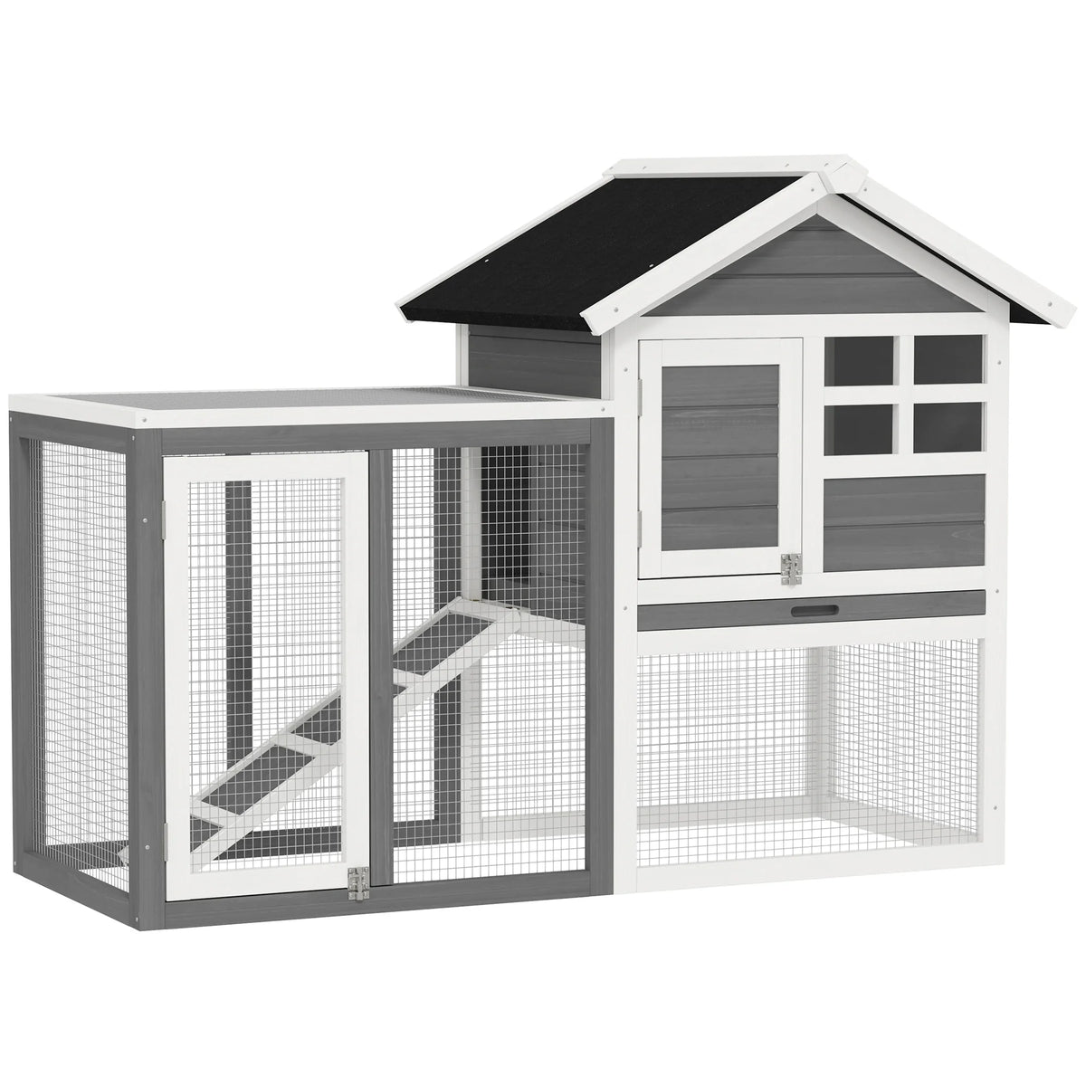Wooden Rabbit Hutch 122cm 2 Storey Bunny Cage with Steel Wire Run Ramp Slanted Asphalt Roof and Tray