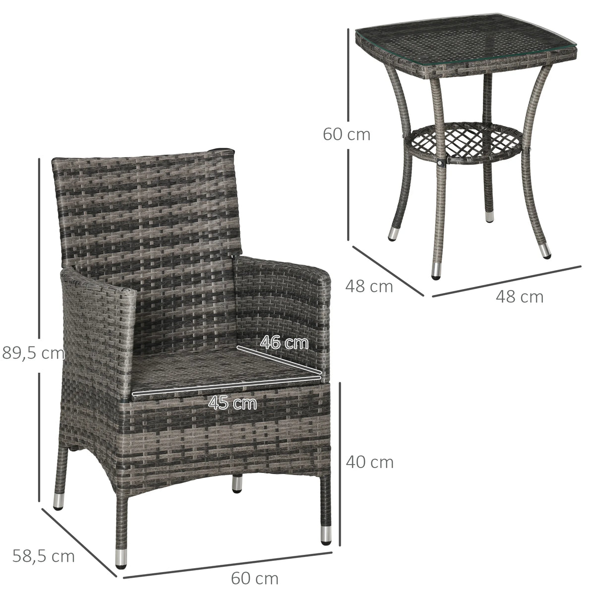 3-Piece Rattan Bistro Set with 2-Tier Coffee Table and Chairs, Grey