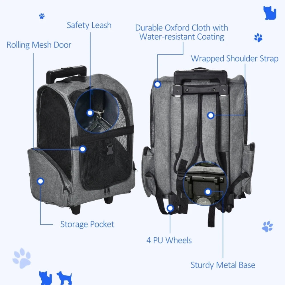 2 in 1 Pet Carrier Backpack with Wheels and Telescopic Handle Travel Trolley for Cats and Small Dogs Grey