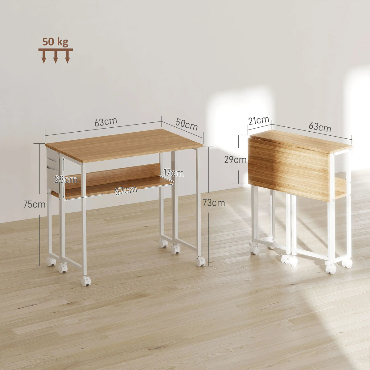 63cm Foldable Computer Desk on Wheels for Small Spaces, Natural