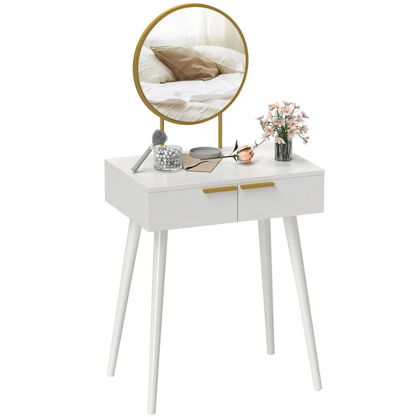 Modern Dressing Table with 2 Drawers and Round Mirror for Bedroom, White