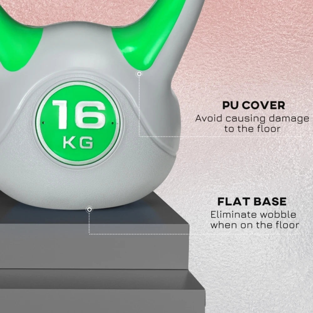 16kg Kettlebell with PU Cover Wide Comfortable Grip and Flat Base for Home Gym Strength Training Green and Grey
