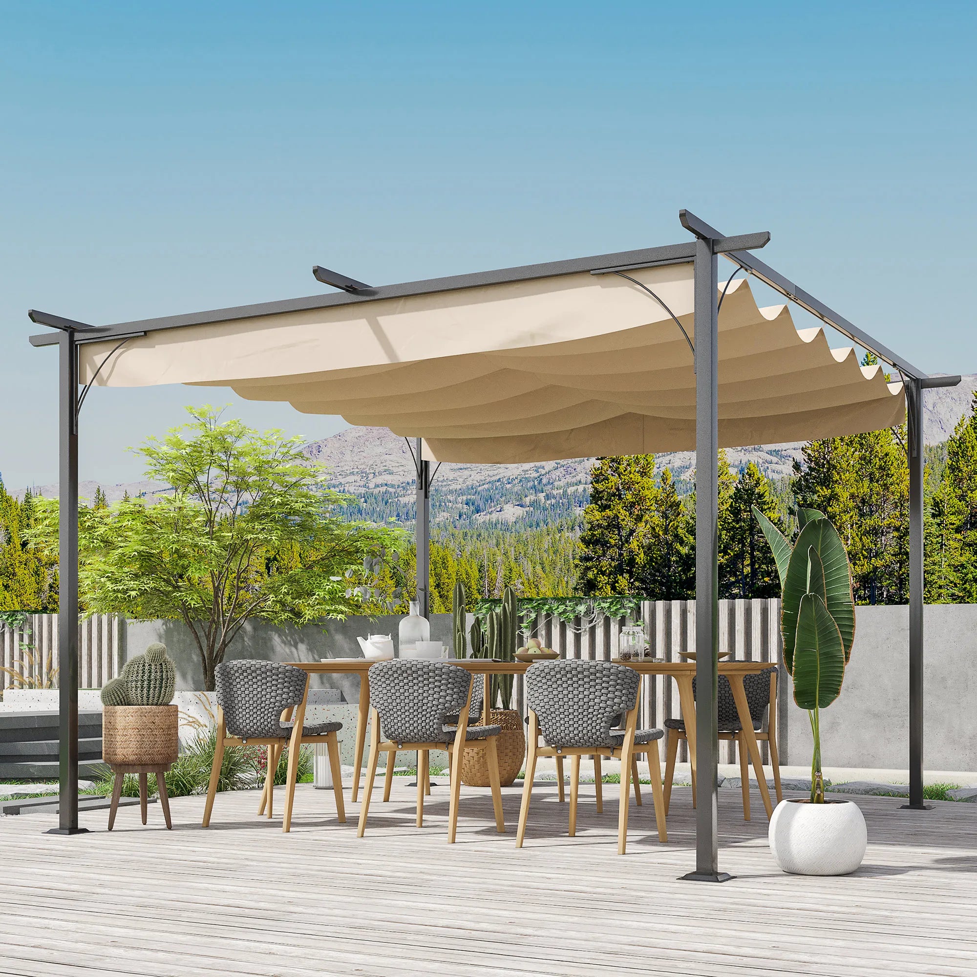 3.5 x 3.5m Metal Pergola Gazebo with Retractable Anti-UV Canopy, Drainage Holes and Ground Stakes