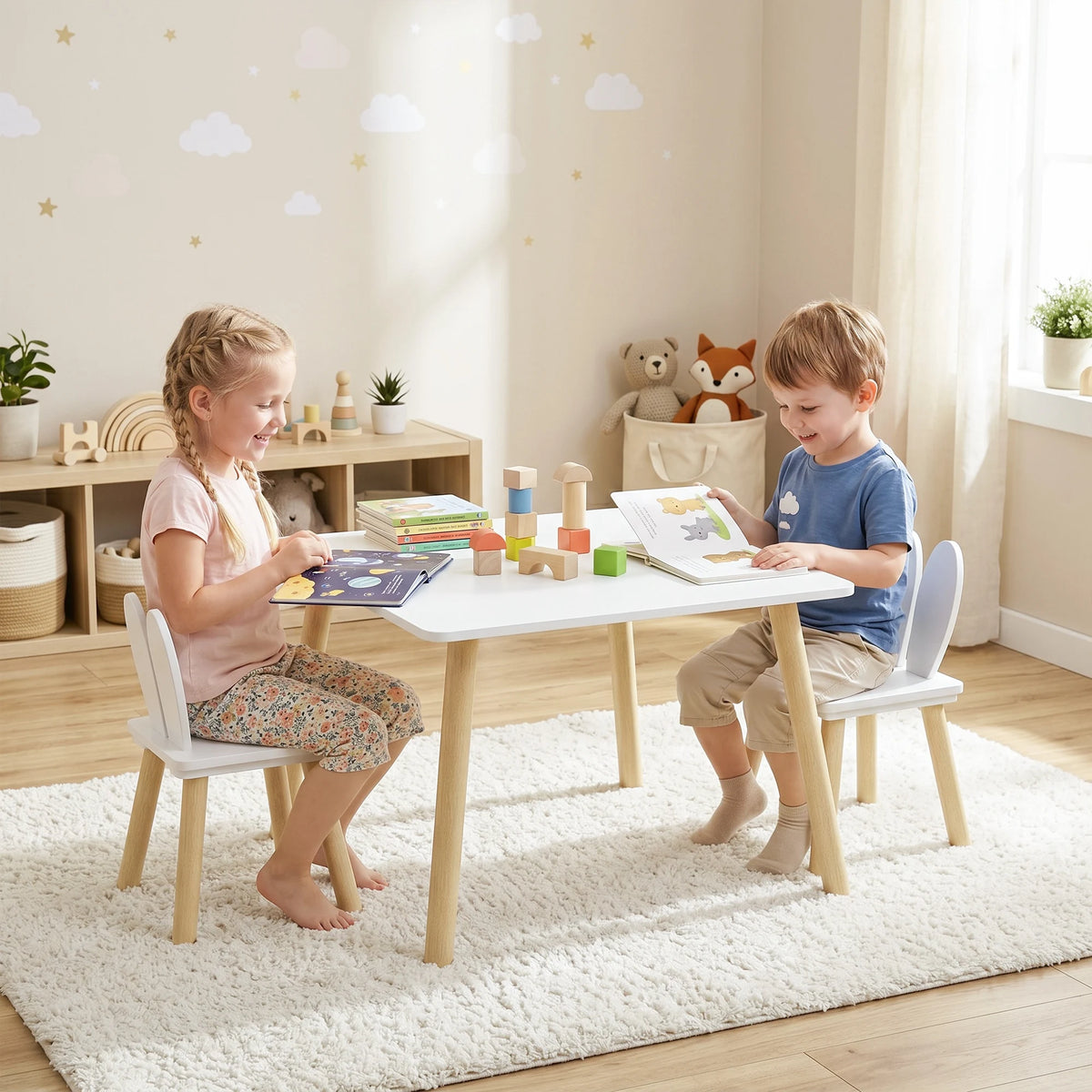 3 Piece Toddler Table and Chair Set with Bunny Ear Backrests MDF and Pine Wood Legs Chairs Tuck Under White
