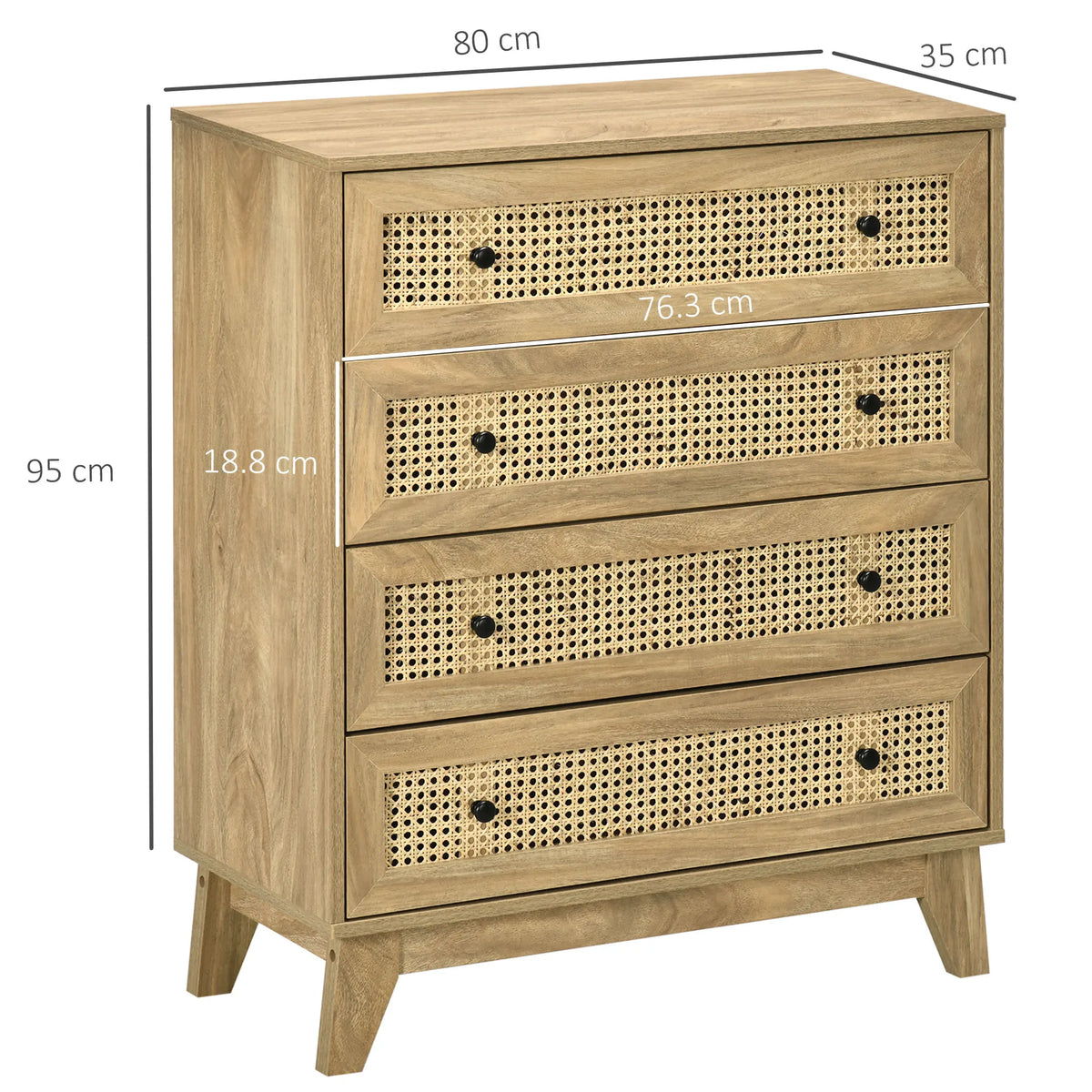 Chest of Drawers, 4 Drawer Unit Storage Organiser with Rattan Element