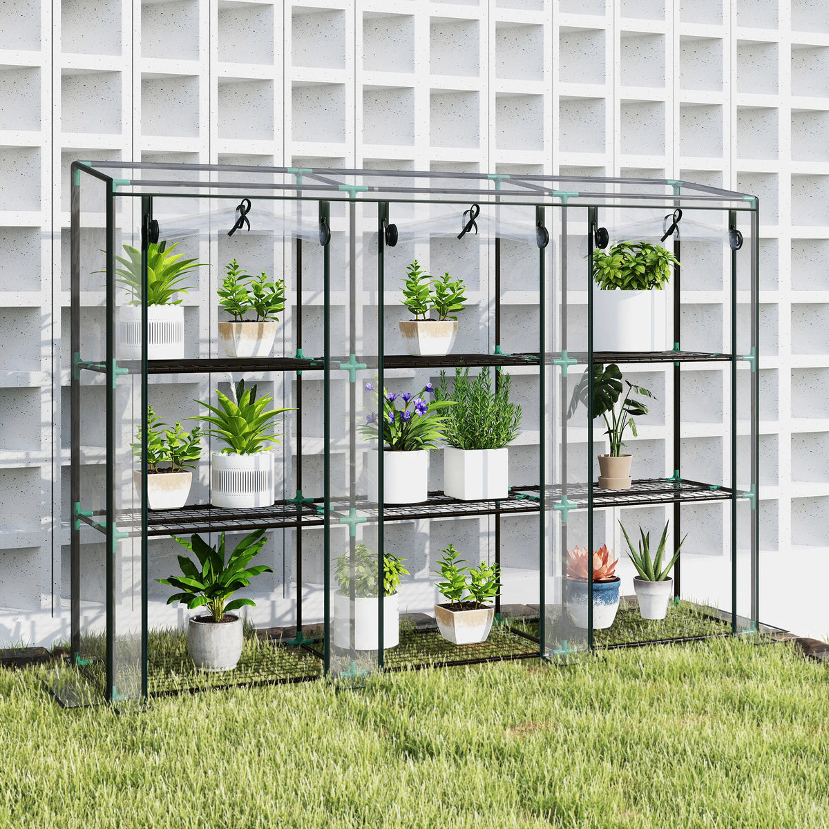 3-Tier Lean-to Mini Greenhouse with Clear Cover and 3 Roll-Up Doors