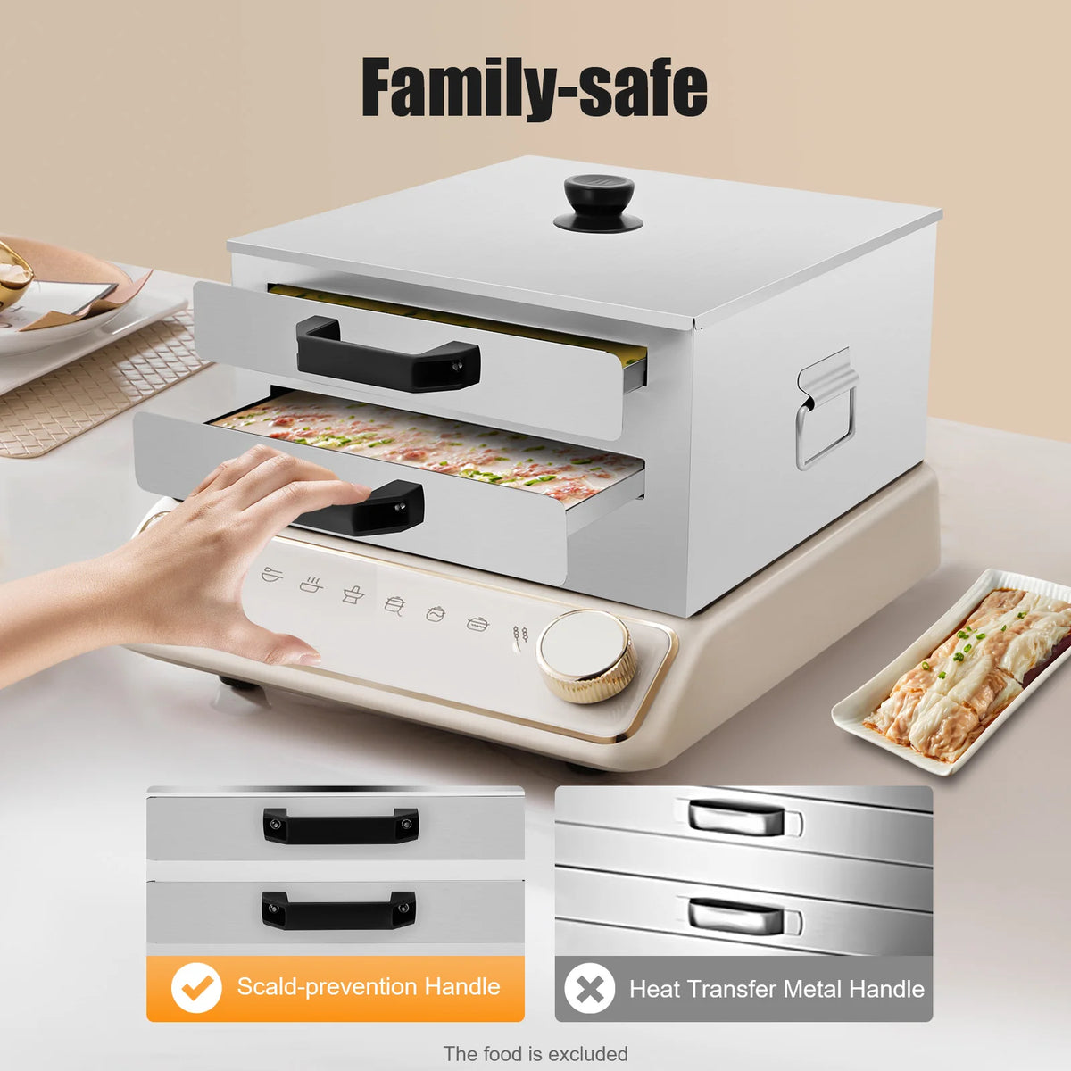 Stainless Steel Double Layer Food Steamer with Tray, Rice Noodle Roll Cooker