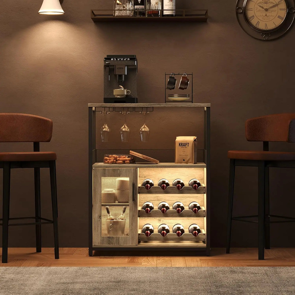 Bar Cabinet with Detachable Wine Rack and Glass Holder | 36 Inch Mesh Door Coffee Bar Cabinet with Adjustable Shelves
