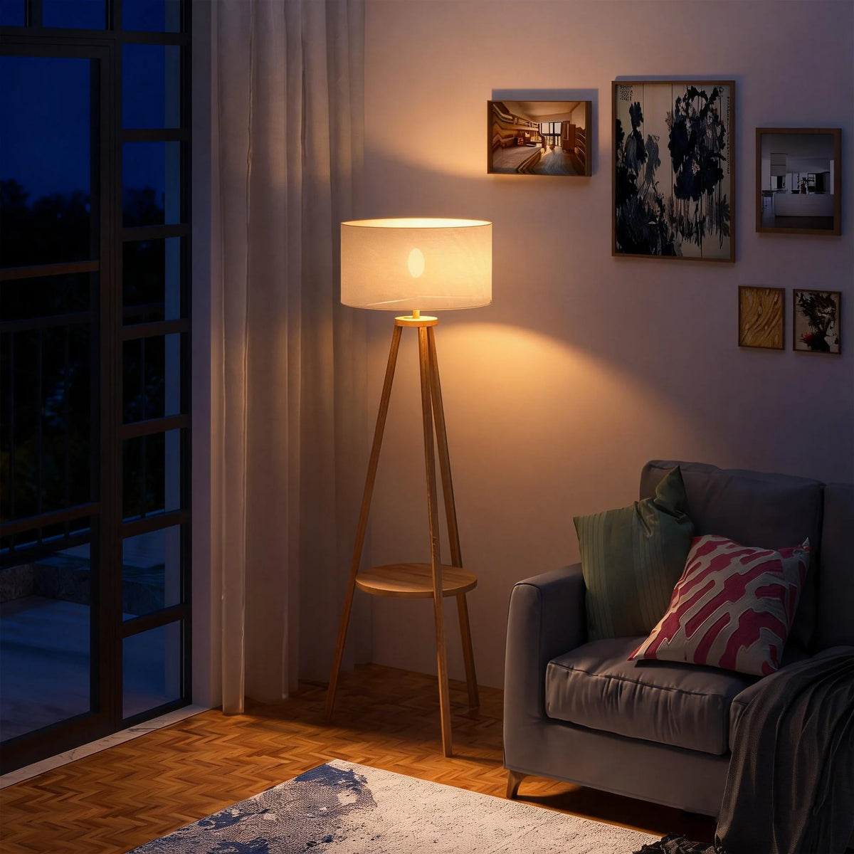 Wooden Tripod Floor Lamp with Storage Shelf and Linen Shade, Cream