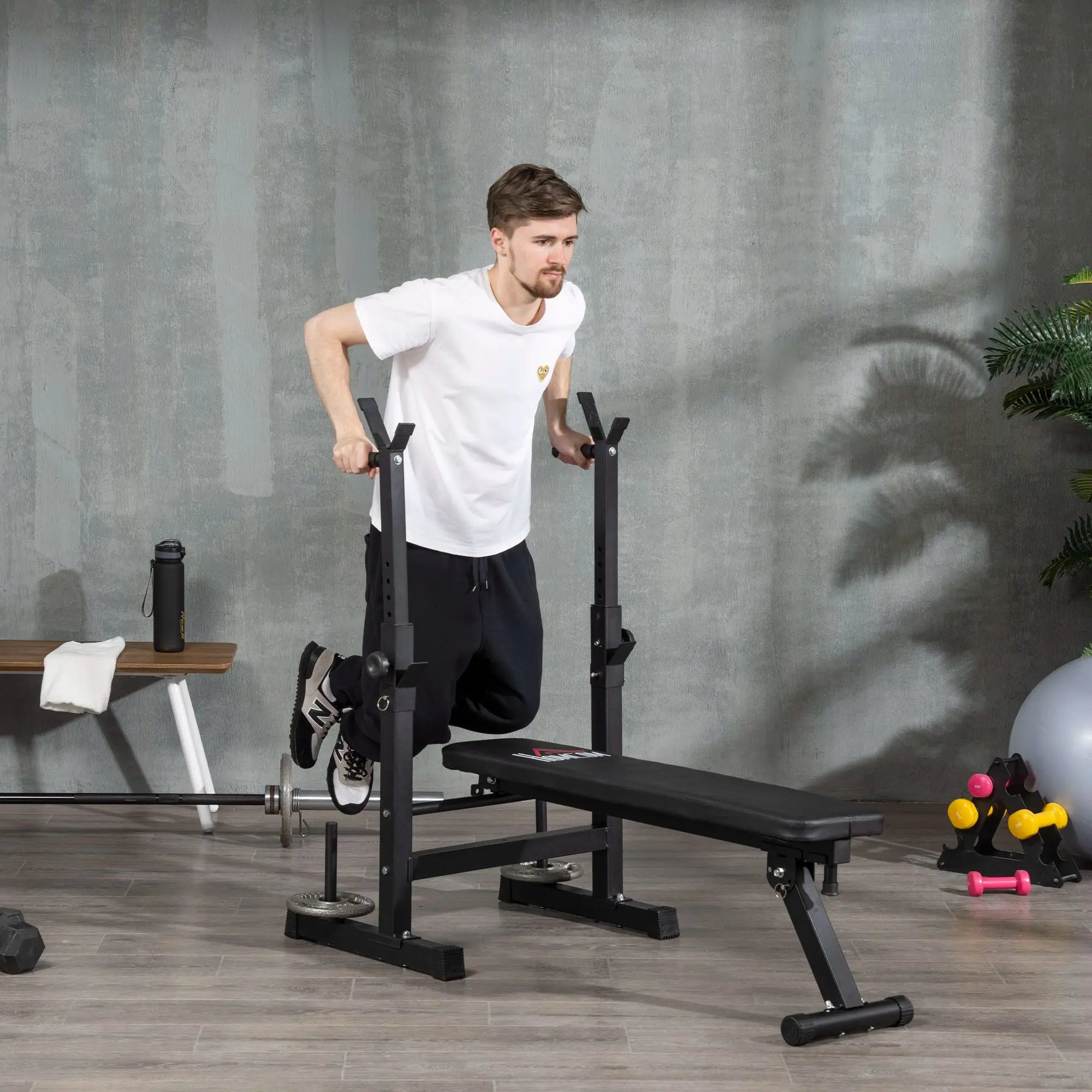 Foldable Adjustable Weight Bench with Barbell Rack and Dip Station 8 Position Height Adjustment for Home Gym
