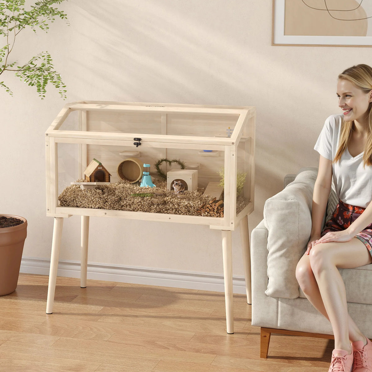 Wooden Hamster Cage 110x52x101cm Gerbil Cage with Openable Top Seesaws Clear Panels and Storage Base